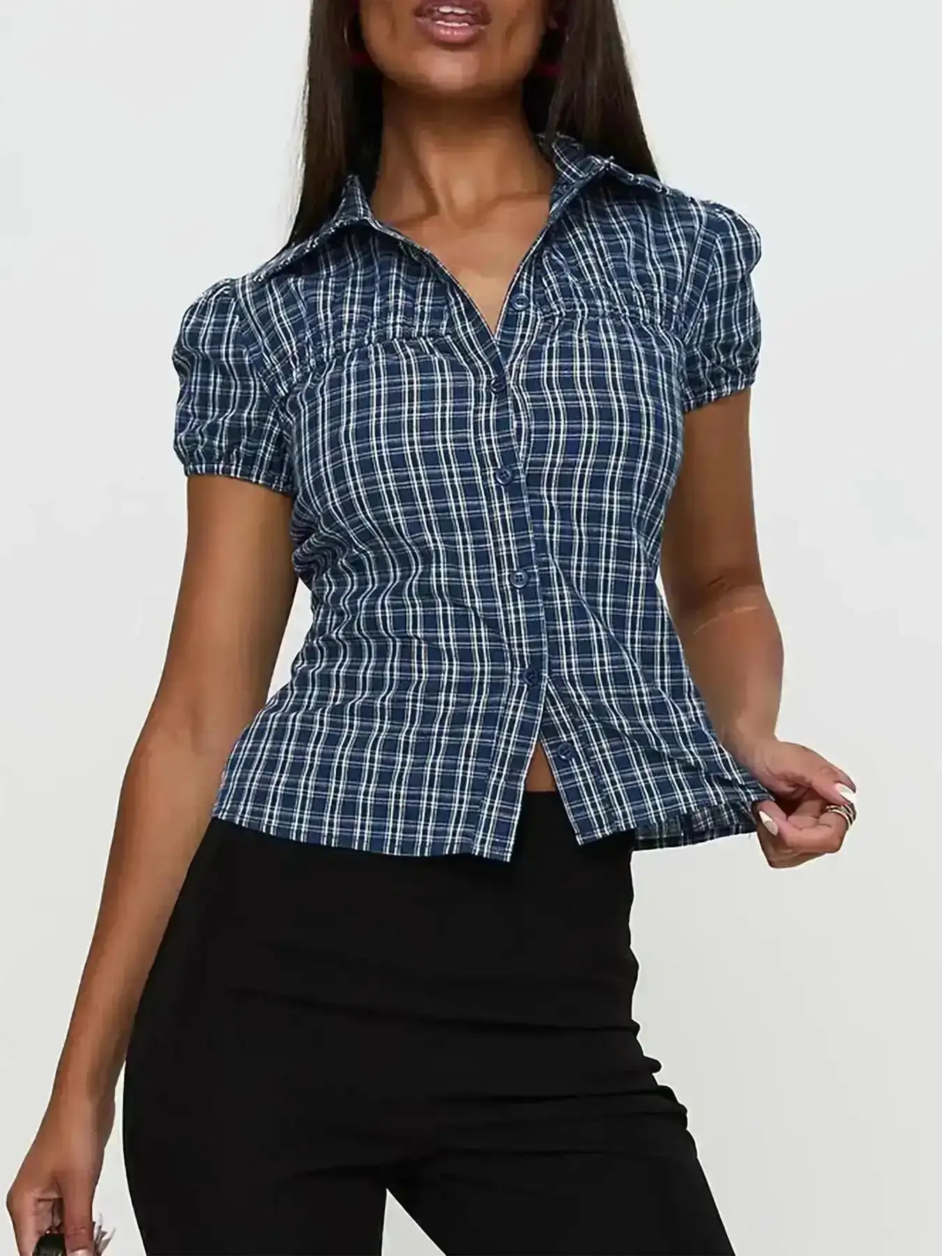 Crew Neck Knit Top, Plaid Print Button Front Shirt Casual Slim Fit Short Sleeve Collared Top for Summer Spring Layering Y2K Blouses Tops, Resort Wear, Soft Touch, Daily, Pullover Style, Sunny Days, Weekend