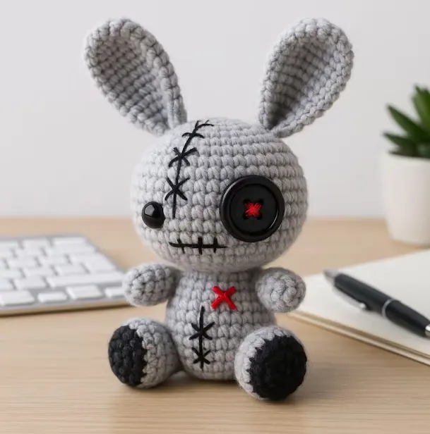 Creepy Cute Bunny Crochet Doll Handmade Amigurumi Gothic Plush Button Eye Stuffed Toy Spooky Decor Unique Gift for Halloween Collectors