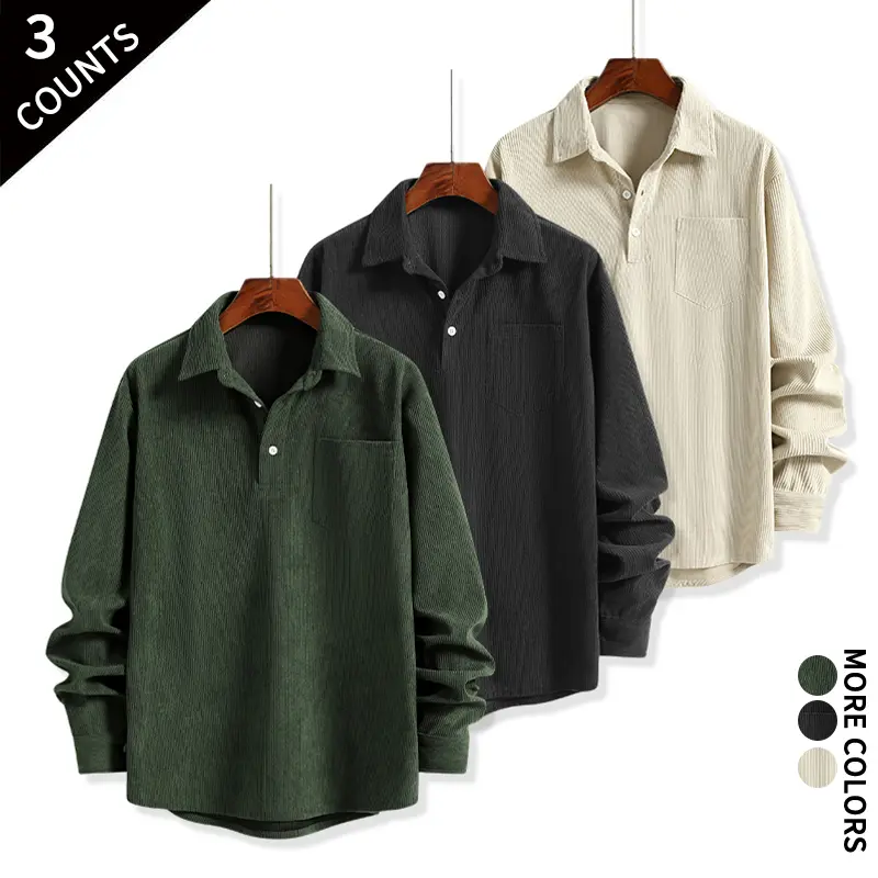 Men's 3-Pack Retro Chic Corduroy Polo Shirts - Mens Clothing, Long Sleeve Shirts, Turn Down Collar, Fitted, Plain, Soft Skin-Friendly, All-Season Tops, Black+Green, Button Closure, Chest Pocket, Reinforced Stitching, Suitable for Work, Home