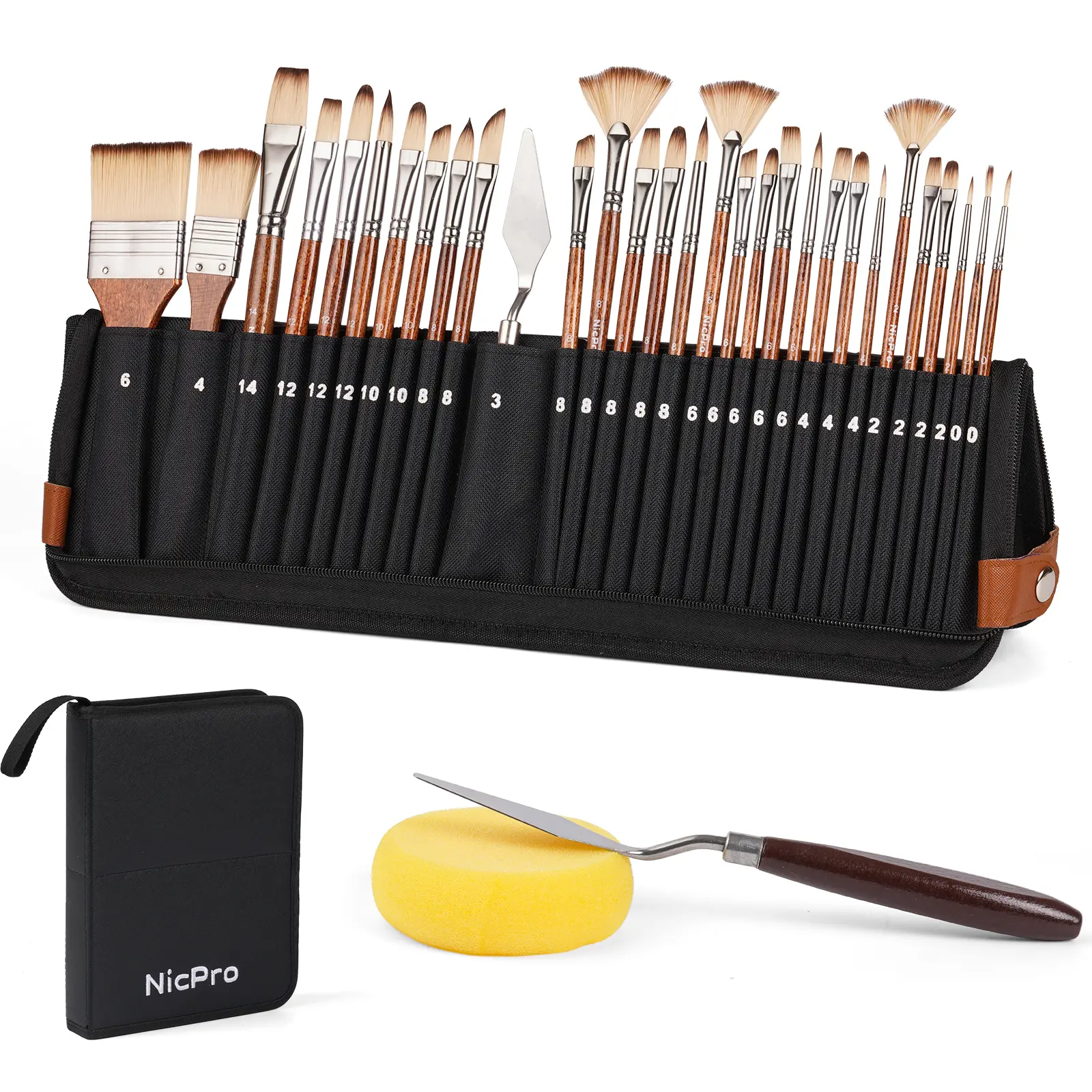 Nicpro 30pcs Paint Brush Set, Professional Paintbrushes with Paint Spatula & Self-Standing Case, Craft Paint Brushes for Acrylic Painting, Oil, Watercolor, Gouache, Art Supplies for Artists Beginners
