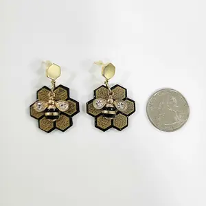 BEE Sweet Bee earrings, Gold, Hexagon, Nature, Cute, Polymer Clay, Honey