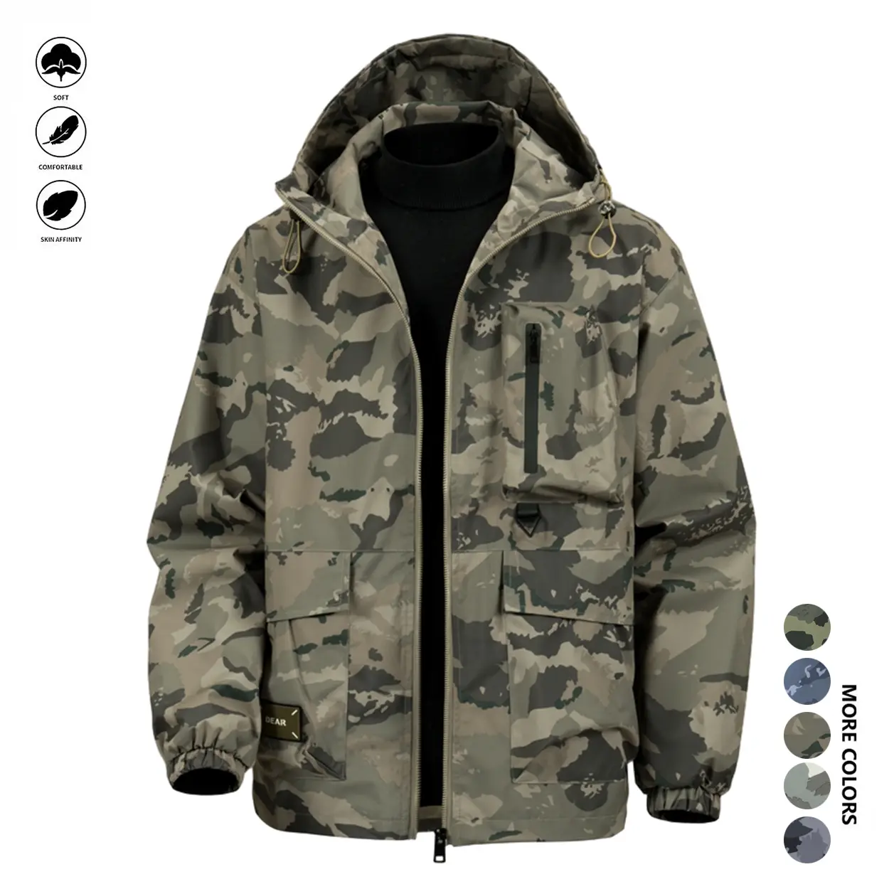 Men's Camouflage Hooded Jacket - Waterproof, Lightweight Multi-Function Tactical Windbreaker, Machine Washable Normal Type Outdoor Military Coat with Chain for Camping&Hiking, Casual, Fishing, Polyester, Pull On, Regular, Menswear, Tops, Woven, H Type