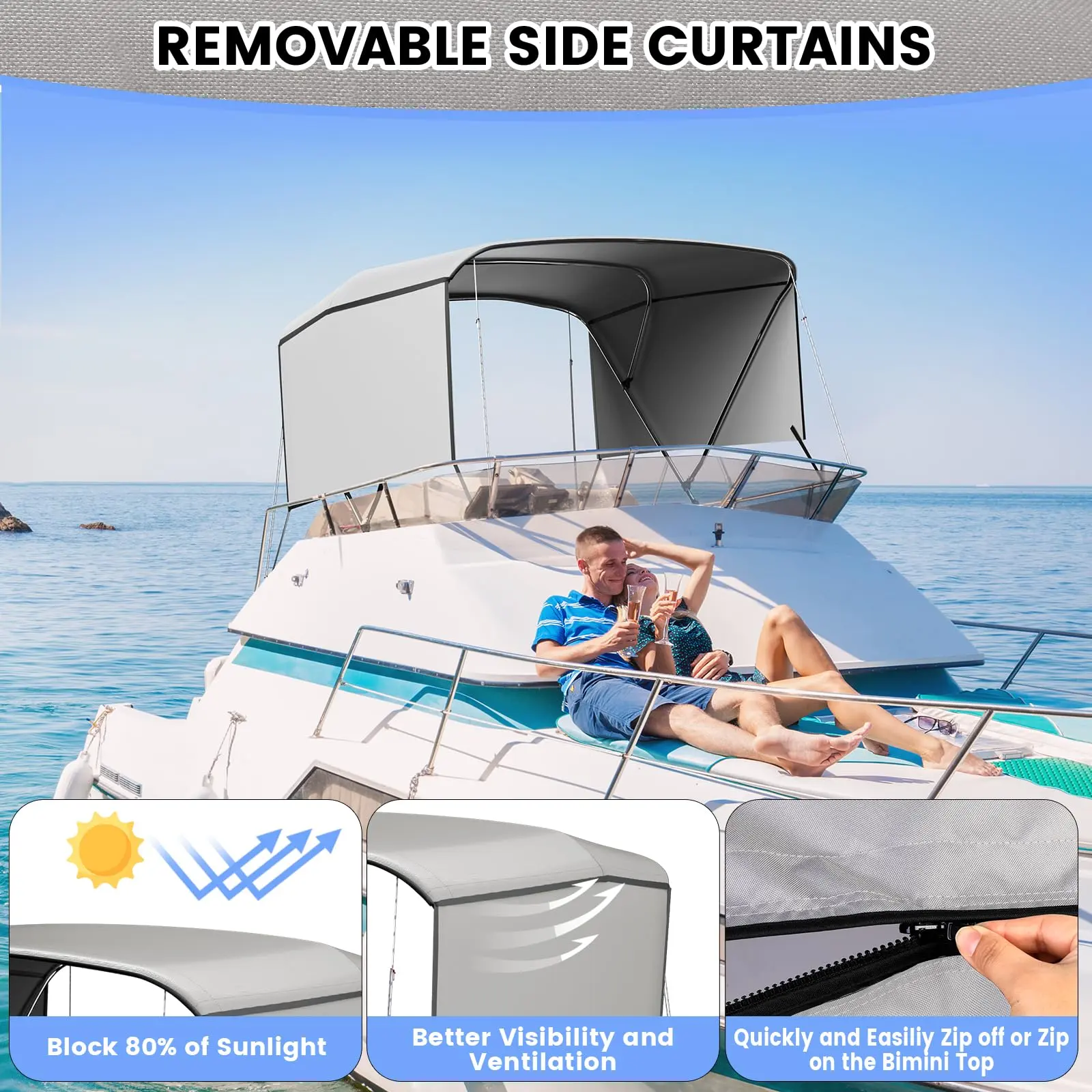3-Bow Bimini Top w/ 2 Support Poles & Straps, Mesh Sidewalls, Storage Boot – Sun Shade Canopy for 61"-66" Wide Boats | Fits V-Hull, Fishing, Ski, Bass, Pontoon & Jon