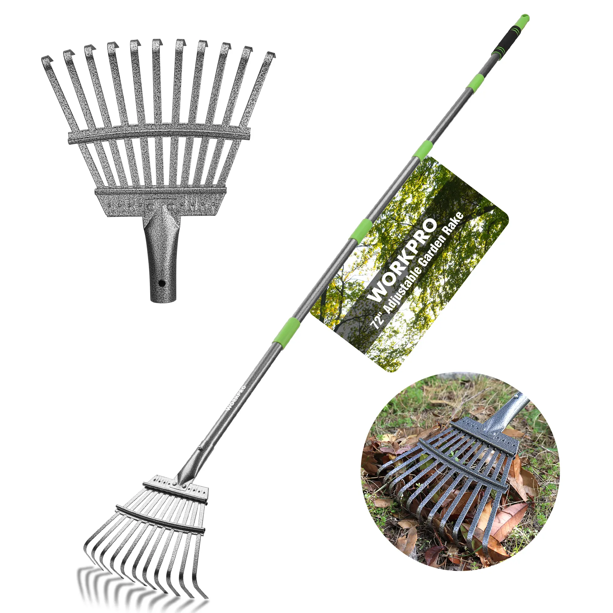 #BacktoSchool WORKPRO Rake, Small Rake for Leaves with 72” Adjustable Long Handle | Steel Tines, Heavy Duty Metal Leaf Rakes for Garden, Lawn, Yard, Flower Bed, Narrow Rakes Wide Head for Tight Spaces