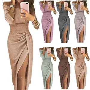 Women's Bodycon Slit Off-Shoulder Dress Shiny Evening Gown Event Dress