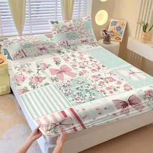Breathable Floral Patchwork Fitted Sheet, Pink Green Bow and Rose Grid Design, Skin-Friendly Microfiber Fabric with Deep Pockets, Wrinkle Resistant for All Seasons, Stylish Bedding for Girls & Teens in Bedrooms, Dorms