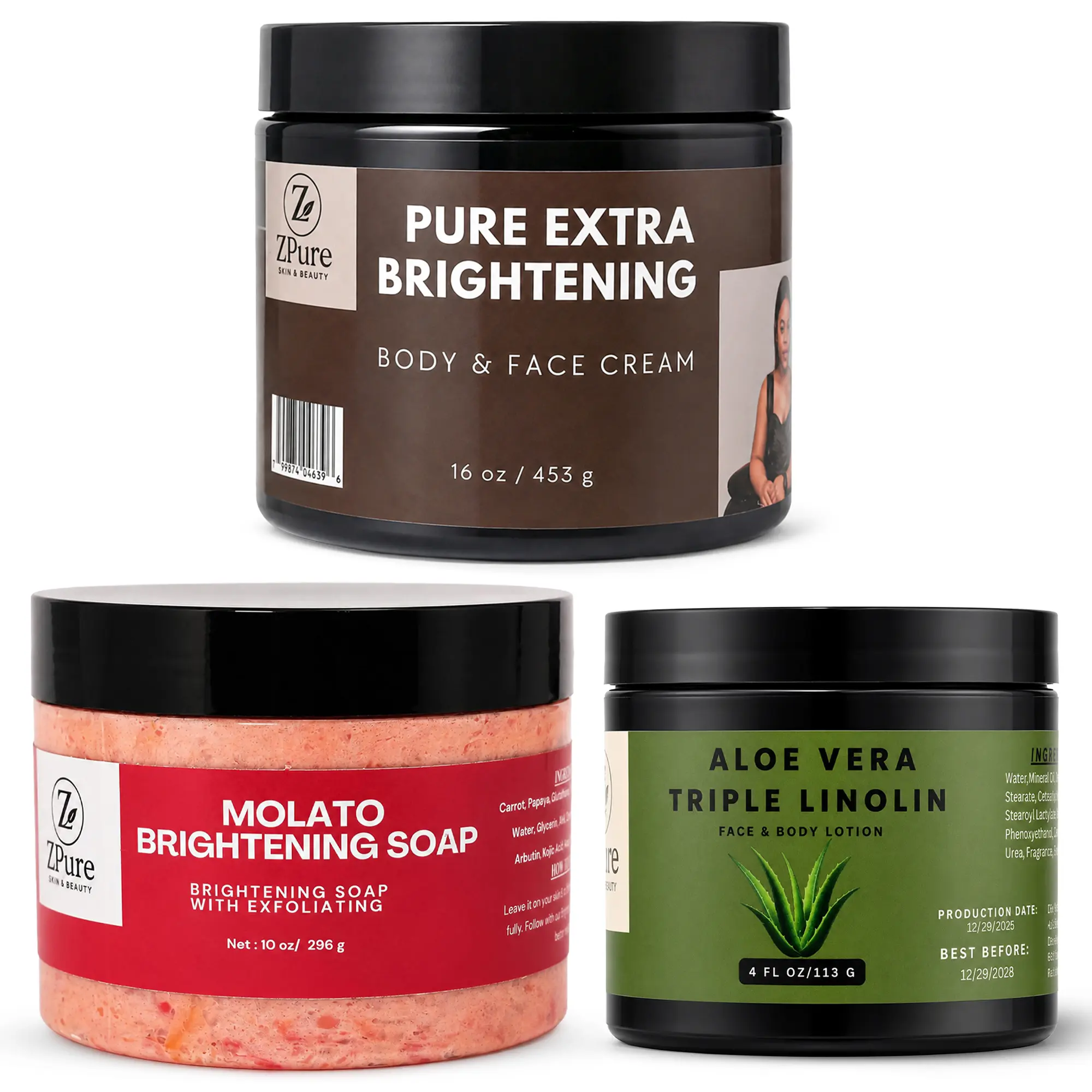 Pure Extra Brightening Face & Body Care Multi-Pack Set - 16oz Aloe & Triple Lanolin Moisturizer (Natural Blend for Dry Skin), 4oz Molato Cleanser Soap, 10oz Soothing Hydrating Lotion