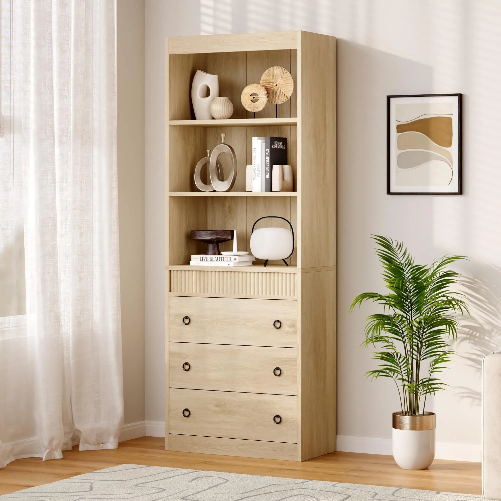 Garvee 70.8" Tall White Fluted 6-Tier Bookshelf with Drawers, 24.8" Wide Wooden Display Shelf, Modern Waved Design for Living Room, Office, Books
