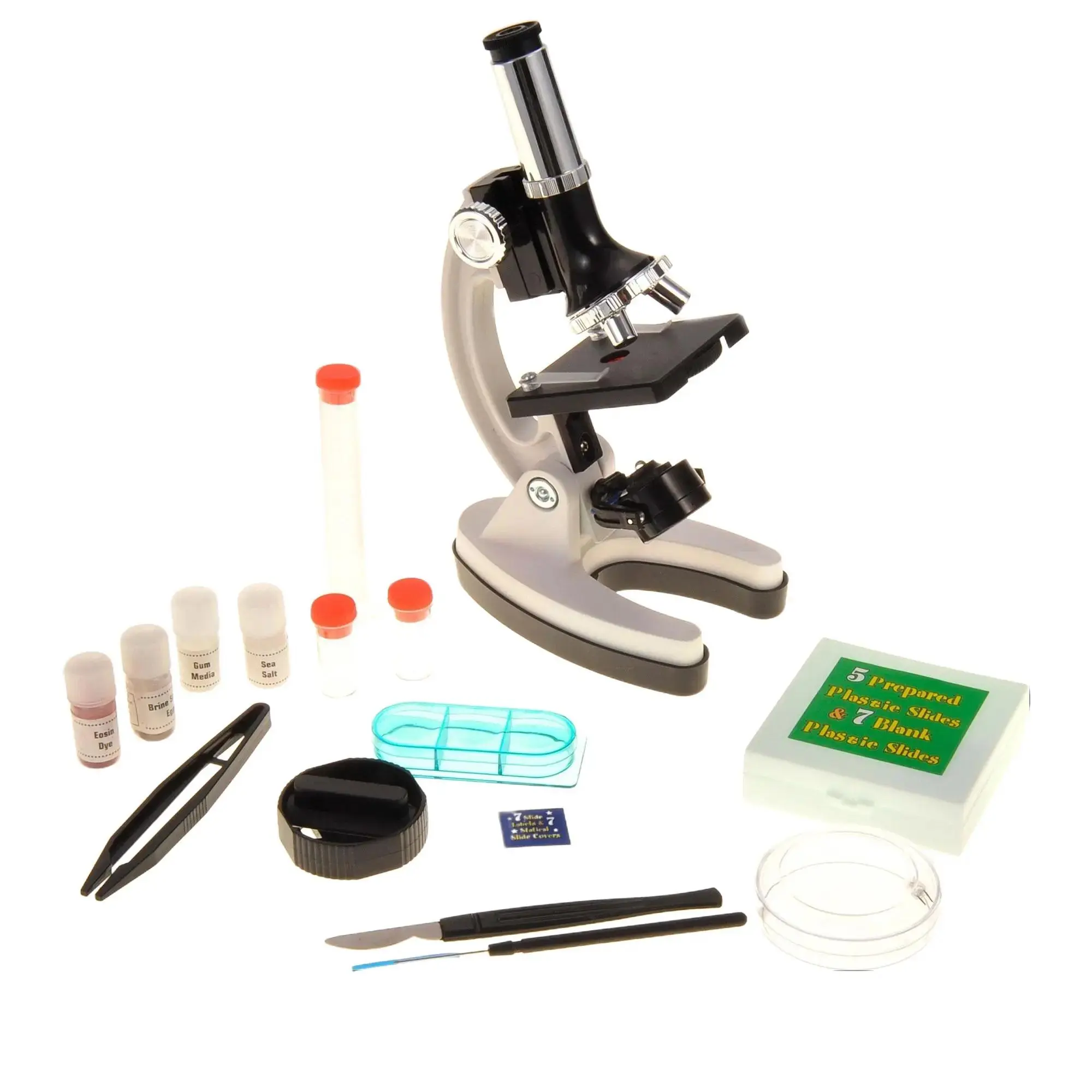 52-pcs Beginner Microscope STEM Kit with Metal Body Microscope, Plastic Slides, LED Light and Carrying Box (M30-ABS-KT2-W),White