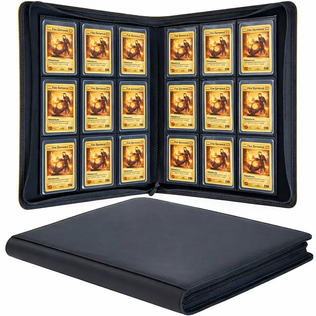 High-Capacity 360-Card Toploader Binder, 9-Pocket Trading Card Storage Album for 3x4 Hard Plastic Holders, Ringless TCG Organizer with Zippered Padded Shell Case for Trading Events, Black