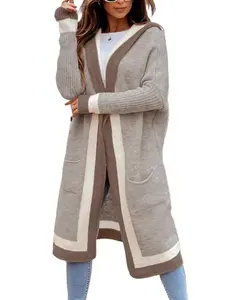 Ebossy Women's Apricot Khaki Color Block Striped Hooded Cardigan Sweater with Pockets Oversized Long Knitwear Top for Daily Wear Casual Womenswear