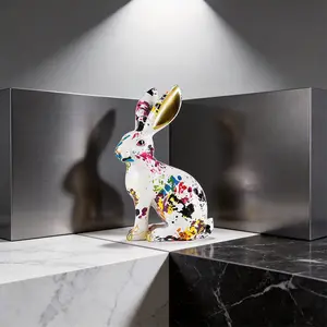 Collectibles Sculpture Modern Luxury Easter Decoration Creative Popular Graffiti Rabbit Resin Crafts Party Desktop Decoration Suitable for Multiple Scenarios Courtyard Garden Living Room Dining Room Bedroom Wine Cabinet Decoration