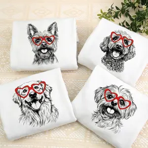 Cute Dog with Red Heart Glasses Sweatshirt for Pet Lovers Soft Cozy Crew Neck Fitted Long Sleeve Casual Fit Graphic Sweatshirt S-2XL Available Women's Everyday Style Tops Womenswear 100% Cotton Trendy Unisex Fit