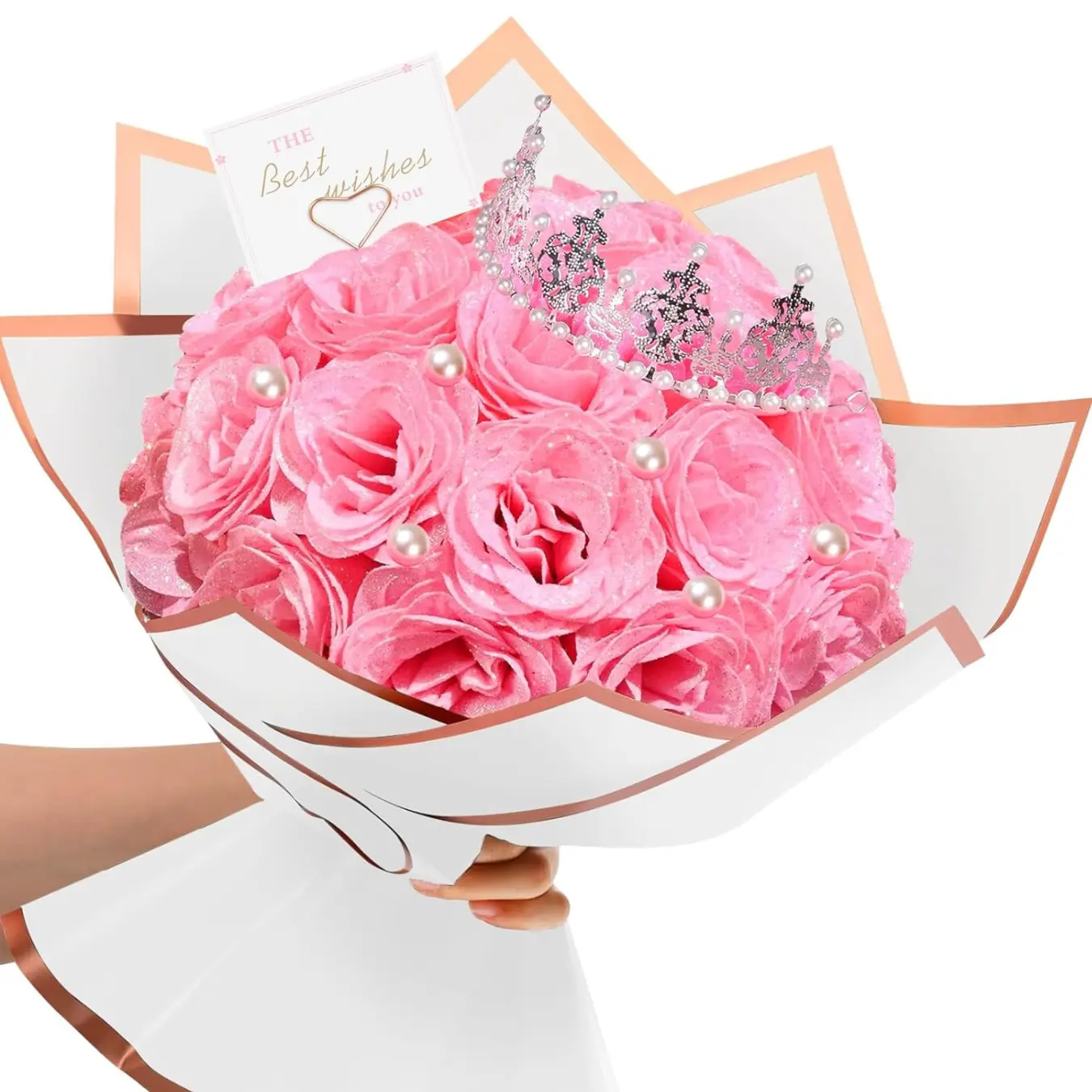 [New Deal]-Glitter Roses Bouquet Pink Flower Bouquet Roses Artificial Flowers with Flower Wrapping Paper Crowns Cards for Valentine's Day Birthday Anniversary Engagement Wedding Back to School Decor Decorative