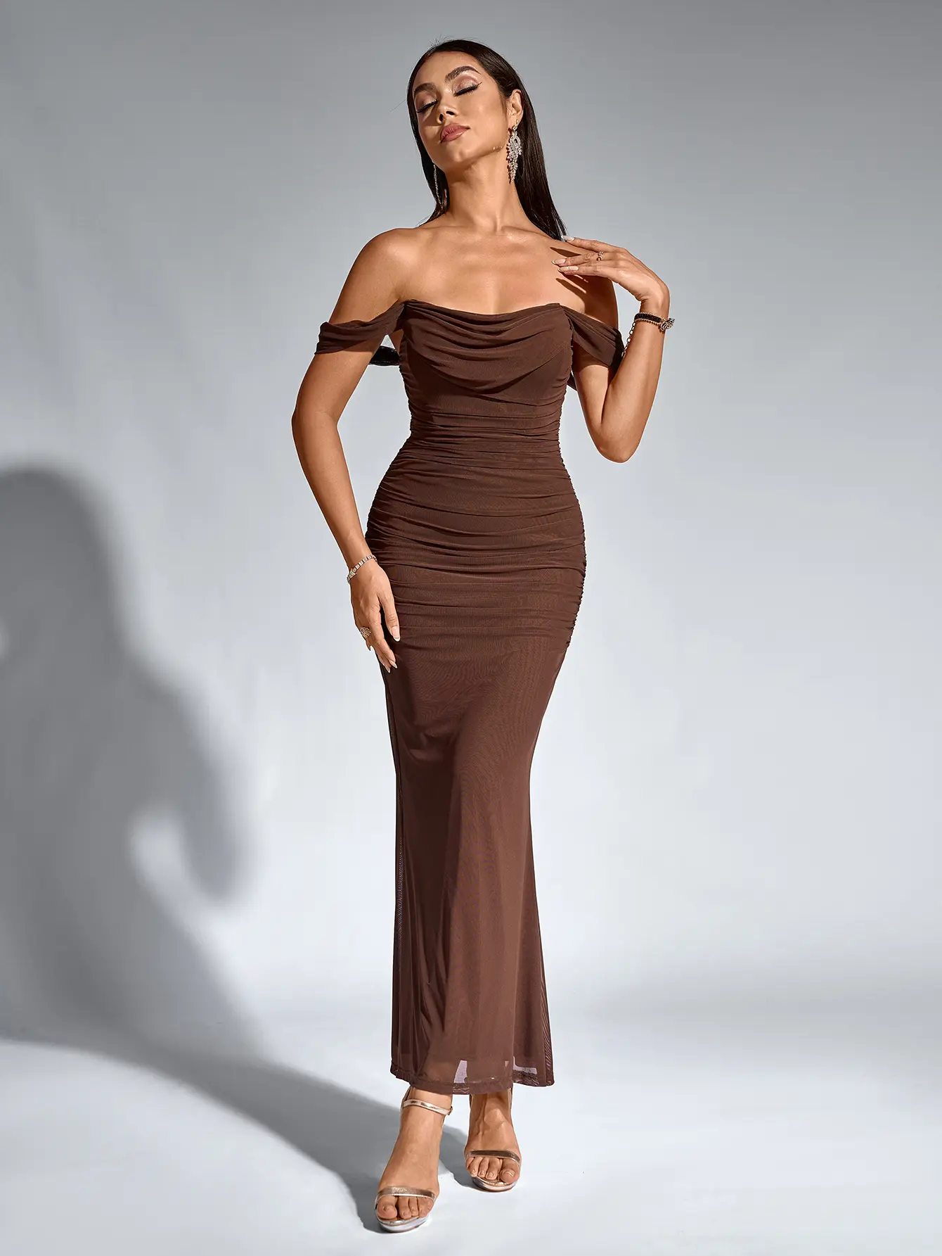 Kutumai Square Neck Backless Floral Print Mesh Off Shoulder Bodycon Dress, Elegant and Fashionable Long Dress for Beach Party and Graduation Party