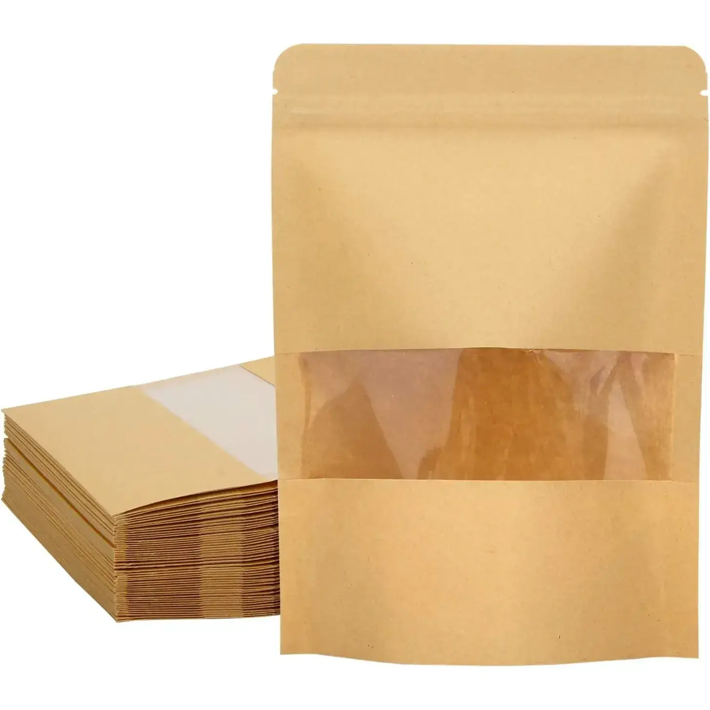 50 Pieces Sturdy Eco-Friendly Kraft Paper Stand-Up Pouch Bags for Small Business, Resealable with Transparent Window, Tear Notch, Heat Sealer Compatibility (4x6 Inches)