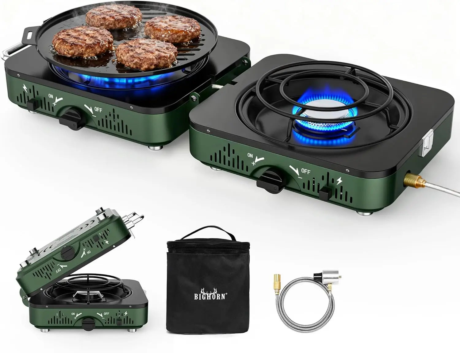 BIG HORN OUTDOORS 2 Burner Propane Camping Stove, Portable Camp Stove, Folding Gas Stove, Includes Frying Pan & Carry Bag for Camping, Emergency Use and Outdoor Cooking