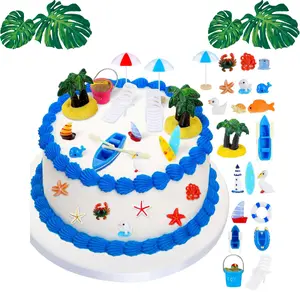 50 Pcs Hawaiian Beach Cake Toppers – Tropical Palm Tree, Surfboard, Umbrella Decorations for Summer Pool Party, Birthday, Wedding & Baby Shower Supplies