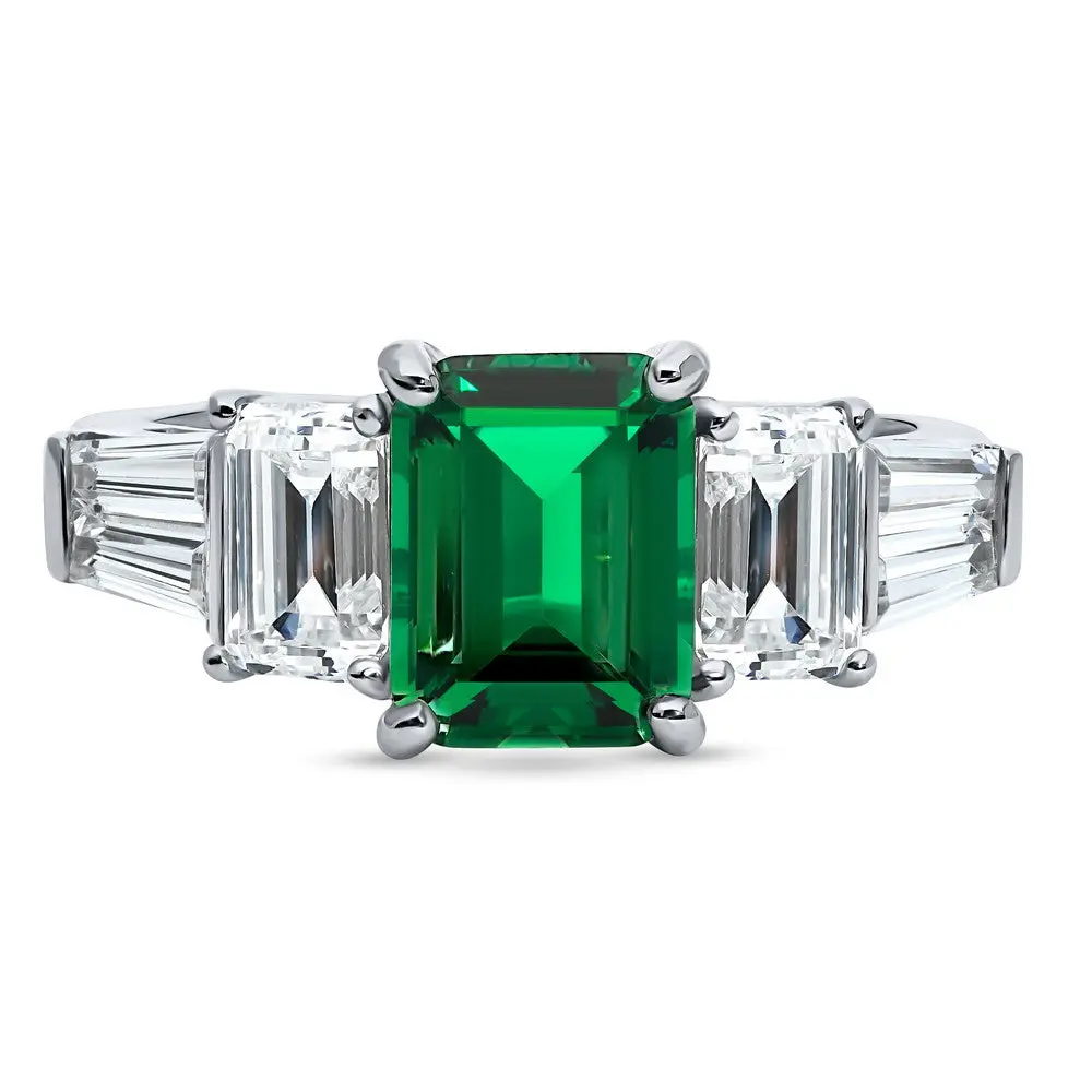BERRICLE Sterling Silver 3-Stone Engagement Rings for Women, 2.1 Carat Emerald-Green Emerald Cut Cubic Zirconia CZ Ring