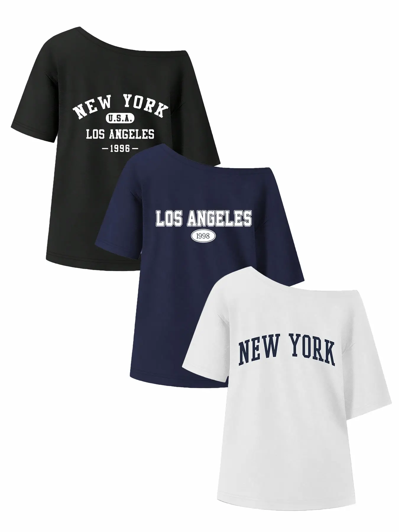 Women's Casual Commuter Loose Fitting off Shoulder T-Shirt Pack of 3, Breathable Soft Lightweight Fabric with Nyc La Graphic Print, Trendy Chic Summer Tops for Leisure Outings Womenswear