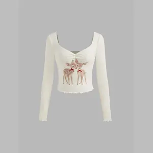 Cider [size 2-10] Sweetheart Bowknot Deer Knotted Long Sleeve Top