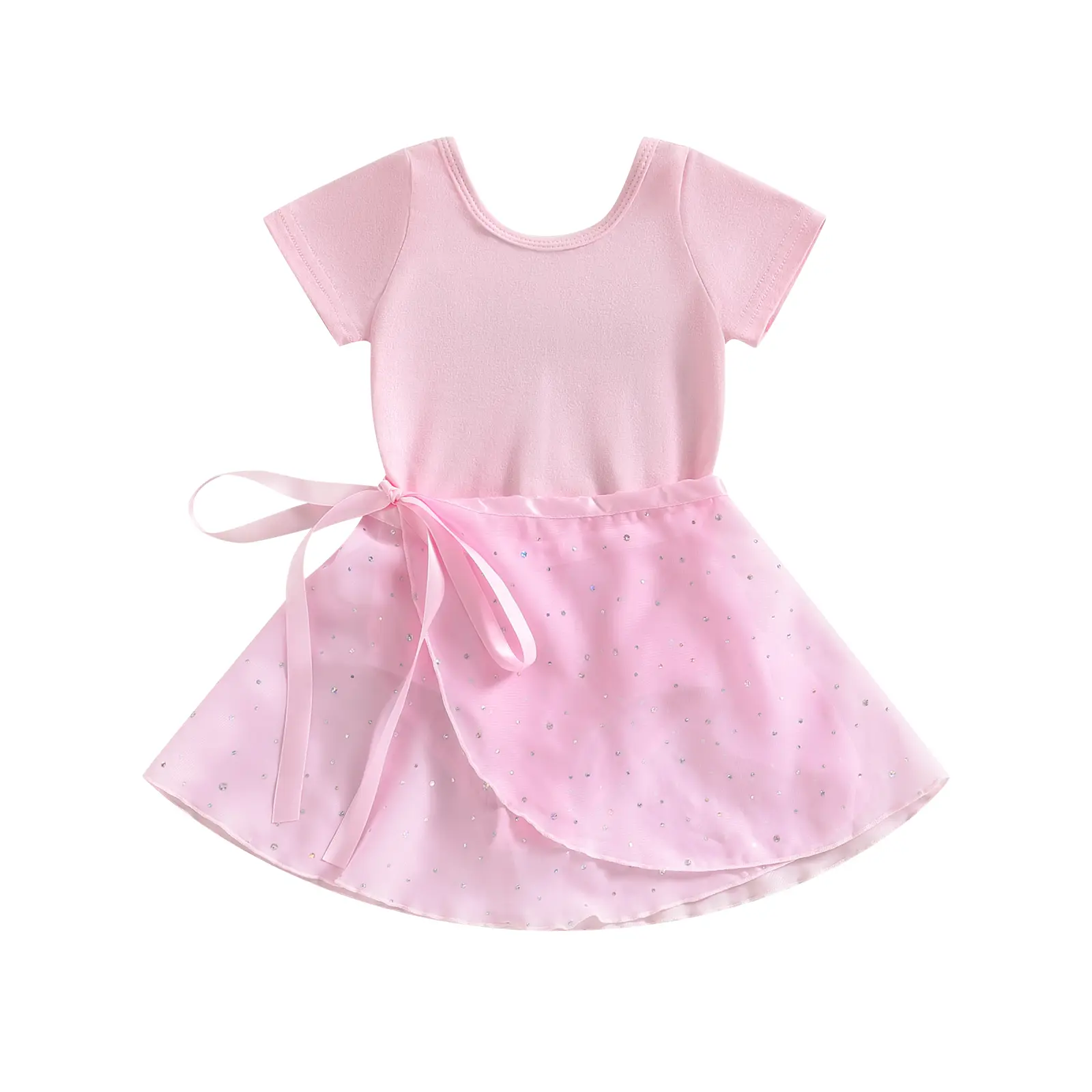 Toddler Girl Ballet Leotards Short Sleeve Bodysuit with Removable Shiny Rhinestone Tutu Skirt Dance Dress