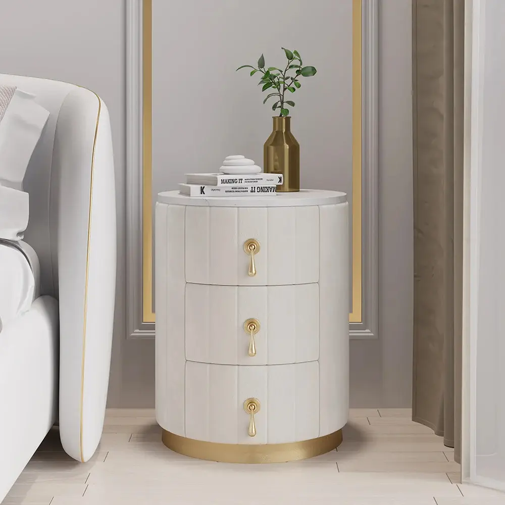 Homary Round Velvet Nightstand - Sintered Stone Flat-Top, 3-Drawer Luxury Exquisite Drawer-Equipped Indoor Furniture Bedside Table, Exquisite Bedside Tables, Drawer-Equipped Bedside Tables