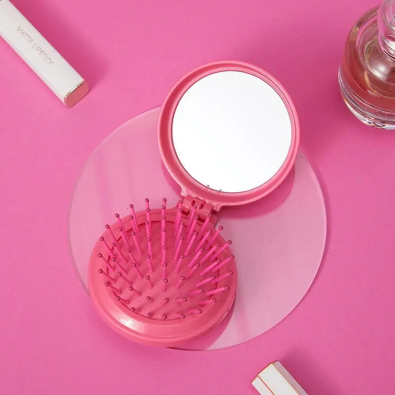 Barbie Series Mini Hair Comb With Mirror Hair Brush Portable Mini Pink HairBrush Folding Mirror Comb Detangling For Women Girl Travel Daily Used Heatless Gift Haircare ，Back to school