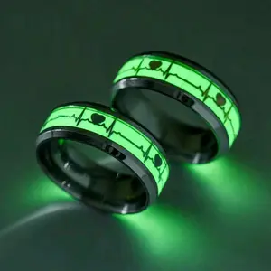 Luminous Titanium Steel Ring Electrocardiogram Fluorescent Jewelry Stainless Steel Heartbeat Couple Love Ring Green Glow