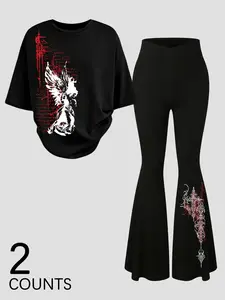 Two-piece set of leggings and short t-shirt with Gothic angel print, Y2K dark aesthetic style, Fitted, perfect for young people's everyday summer street wear.