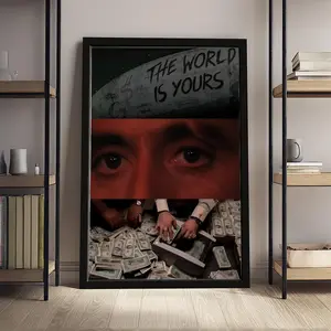 Scarface "The World Is Yours" Canvas Art Print, Tony Montana Money & Quote Poster, Retro Gangster Movie Wall Decor for Living Room Man Cave Bathroom