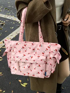 2026 New High-Style Cherry Floral Pattern Tote Bag, Large Capacity Commuter Waterproof Nylon Shoulder Handbag, Travel Ready Luggage Bag