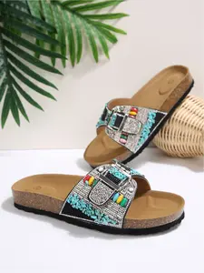Women's Cork Footbed Flat Sandals, Comfy Bohemian Rhinestone & Gem Slides for Daily Wear