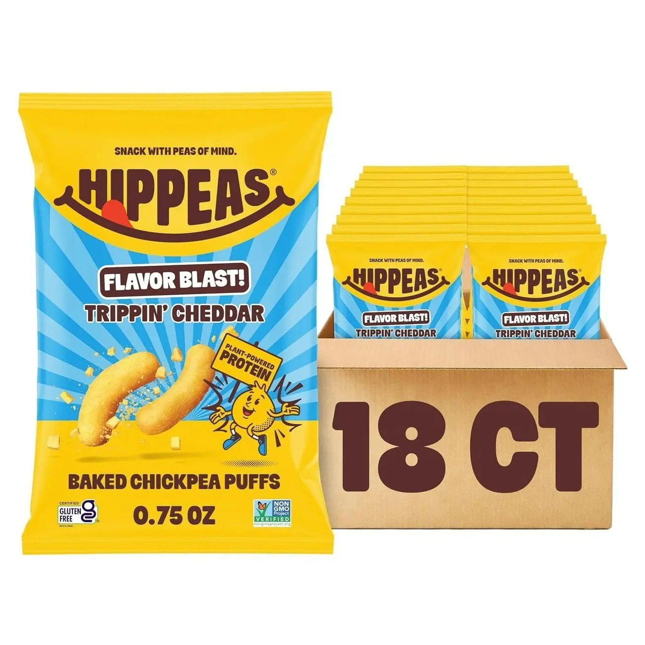 Hippeas Chickpea Puffs, Trippin’ Cheddar, 18 x 0.75 oz Bags, Baked Crunchy Chickpea Snacks with 3g Plant Protein, 2g Fiber & 40% Less Fat, Dairy & Gluten Free, Non-GMO, Top 9 Allergen Free