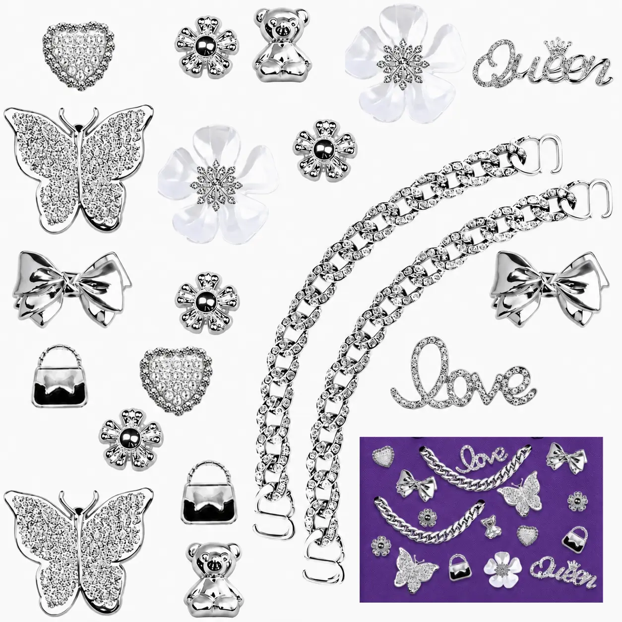Shoe or Bag Decoration Charms, 20-Piece Footwear Decor Accessories - Pearl, Butterfly, Flower, Chain Designs for Bogg Bag, Beach Bag