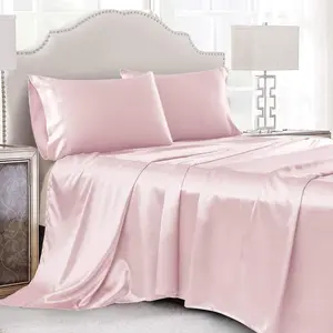 4 count Blush Pink Satin Sheets  Size Silky Satin Bedding Sheets Set with 1 Deep Pocket Fitted Sheet, 1 Flat Sheet, 2 Pillowcase