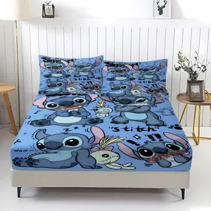 3-piece Stitch patterned bed sheet set, including 1 bed sheet and 2 pillowcases, with anti slip and dust cover suitable for bedrooms and daily holiday birthday gifts Bedding Supplies