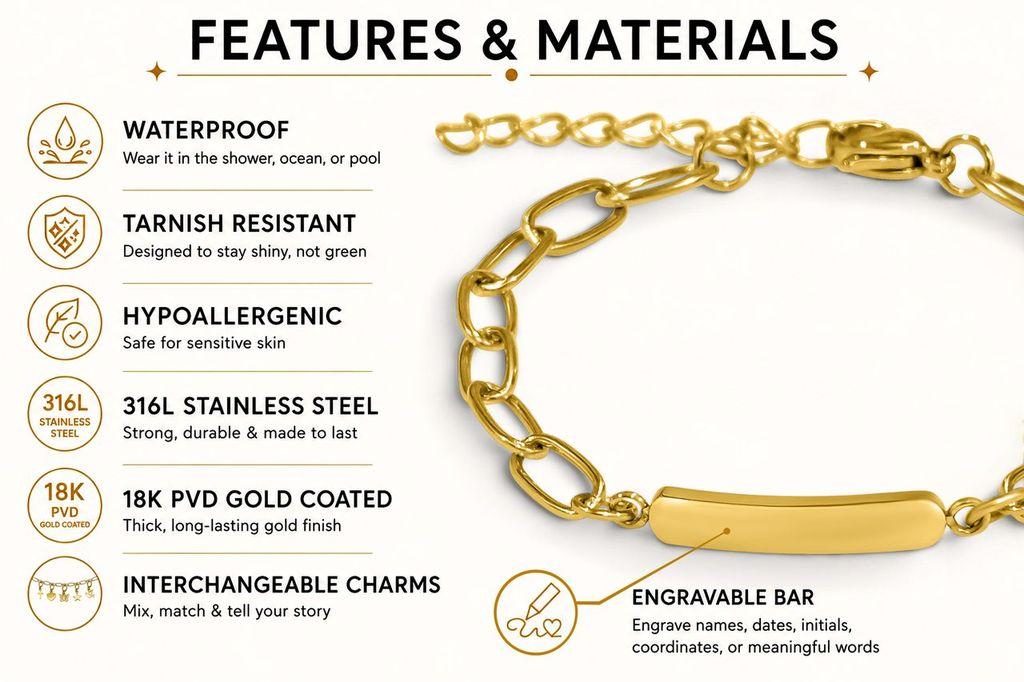 Personalized Engraved Stainless Steel Bracelet - Custom Name Bar with Custom Engraving, Waterproof Gold & Silver Charm, 6.5 inch + 1.5 inch Extender Adjustable Paperclip Bracelet, Birthday Personalized Gifts for Her