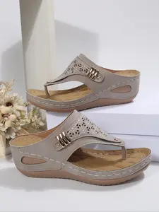 Women's Versatile Classic Hollow Out Flip Flops, Slimming Foot Design, Chunky Sole, Summer Comfortable Sandals, Elegant Sandals, Non-Slip Women's Slippers, PU Leather Slides