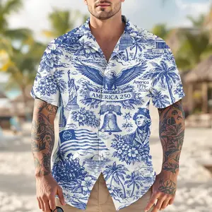 America 250 Hawaiian Shirt 1776-2026, Semiquincentennial Patriotic Button Down, USA 250th Anniversary Vintage Blue White Toile Men's Shirt#TikTokMadeMeBuyIt#AmericanStyle#250Years#Casual Outfit#TrendyTee