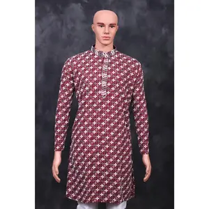 Red Men's Embroidered Kurta with Zebra Pattern Design