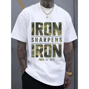 CMBT Men'S Oversized % Cotton Graphic T-Shirt - "IRON SHARPENS IRON" & Proverbs 27:17 Bible Verse Design, Geometric Print Casual Streetwear Tee, Breathable Summer Top, Machine Washable, Summer Fashion |       Camouflage Pattern |       Durable Fabric