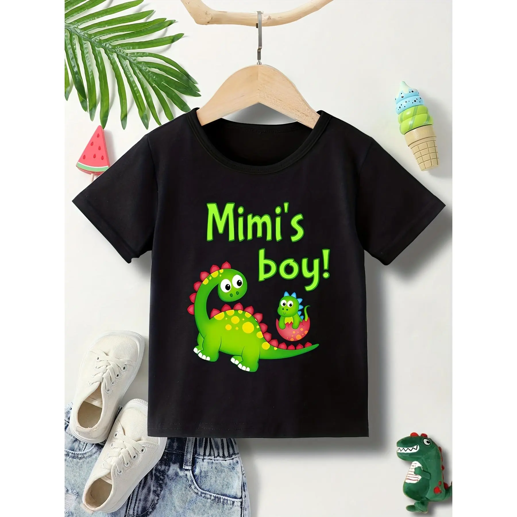 Casual Cool |   Mimi's Boy" Dinosaur Graphic Cotton T-Shirt for Kids - Soft, Lightweight, Comfortable Short Sleeve Crew Neck, Perfect for Summer |   Casual Round Neck |   Machine Washable, Casual Kids Clothing |   Fun Graphic Tee |   Knitted Texture