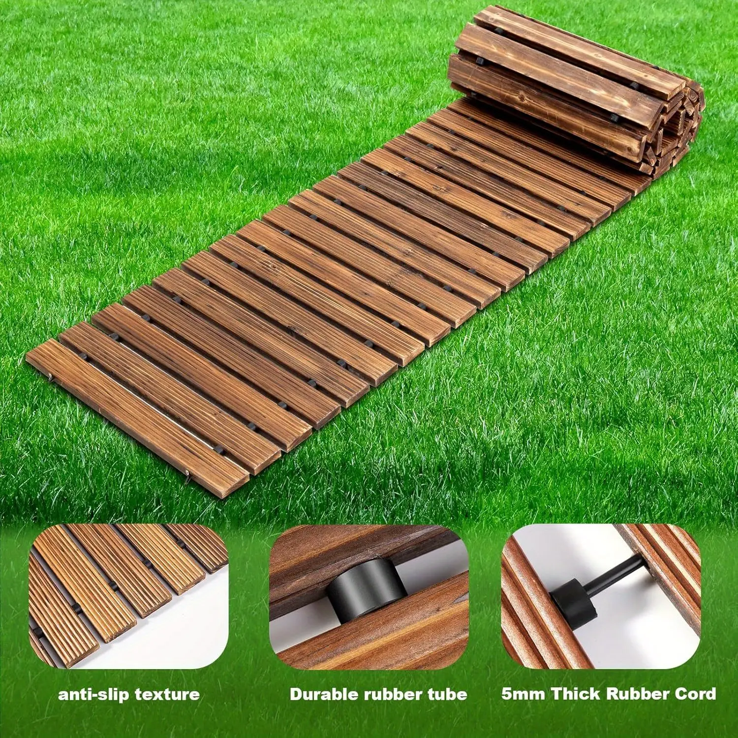 PIYPIY 6/8/10/12ft Heavy-Duty Cedar Wood Interlocking Floating Garden Pathway - Non-Slip, All-Weather Outdoor Walkway with Rubber Cord Lock, Easy Assembly Slats for Patio, Backyard, Beach, Low-Maintenance Dark Brown Deck