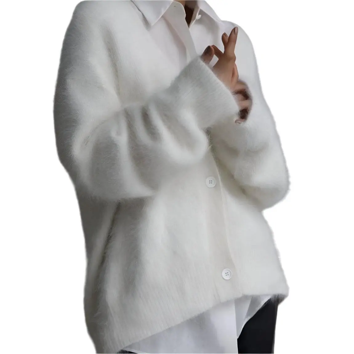 Fuzzy Oversized Button-Front Cardigan white fluffy sweater