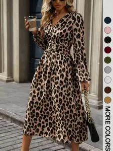 Plus Size Women's Dress, Casual Dresses, Casual Leopard Print Lantern Sleeve, Cinched Waist, Long Winter Fashion, Elegant Ladies' Clothing, Womenswear, Chic Fit