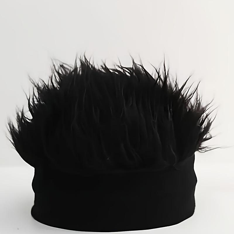 Men'S Funky Faux Fur Knit Beanie Hat - Hip-Hop Style, Straight Hair, No Brim, Perfect for Parties & Cosplay, Black & White Design, Party Accessory | Funky Beanie | Faux Fur Hat, Knit Beanie Hat