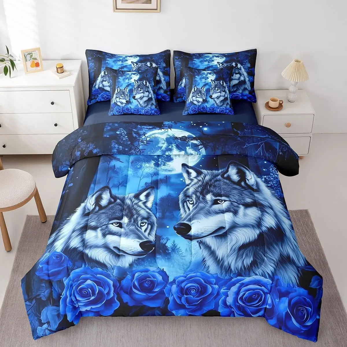Feelyou 7-Piece Ultra-Soft Microfiber Bed Set - Multi-Size Bed-in-A-Bag with Blue Rose, Wolf Wildlife Print, Night Moon Sky Theme, Bed Sets