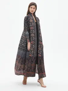 Miyake Women's Abaya Long Robe Jacket Dress Ethnic Style Pleated Belted Design All Season Loose Fit Casual Fashionable Commuter Essential