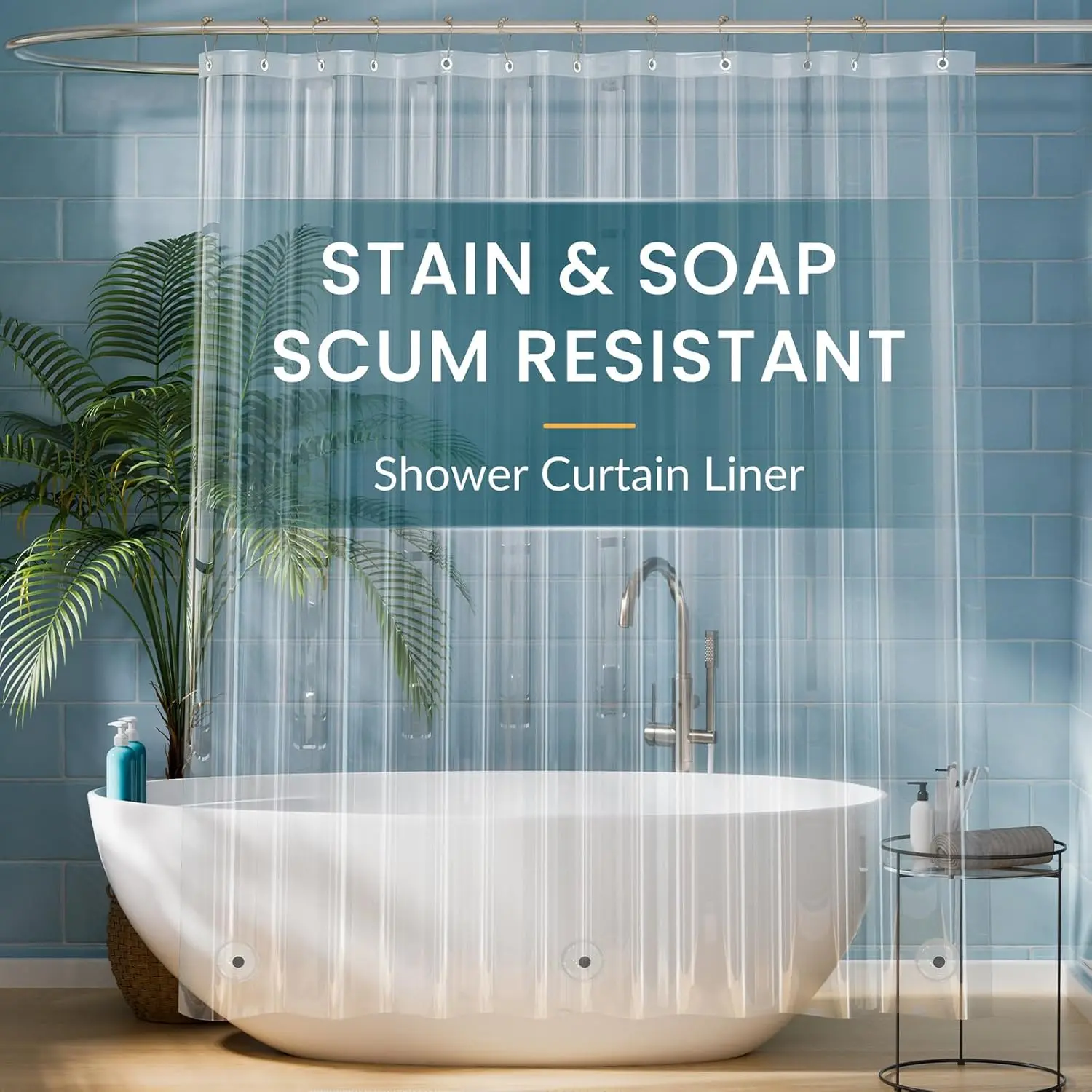 1pc Clear Shower Curtain Liner with Bottom Magnets & Metal Grommets, PEVA Shower Liner with Plastic Hooks, Waterproof Shower Curtain, Shower Curtains Liner, Bathroom Partitions Suitable for Family, Hotel, Dorm Bathroom Decor, Restroom Bathroom Accessories